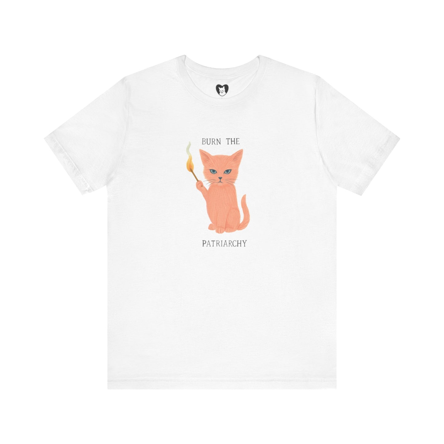 Feminist pink cat T-shirt with “Burn the Patriarchy” slogan