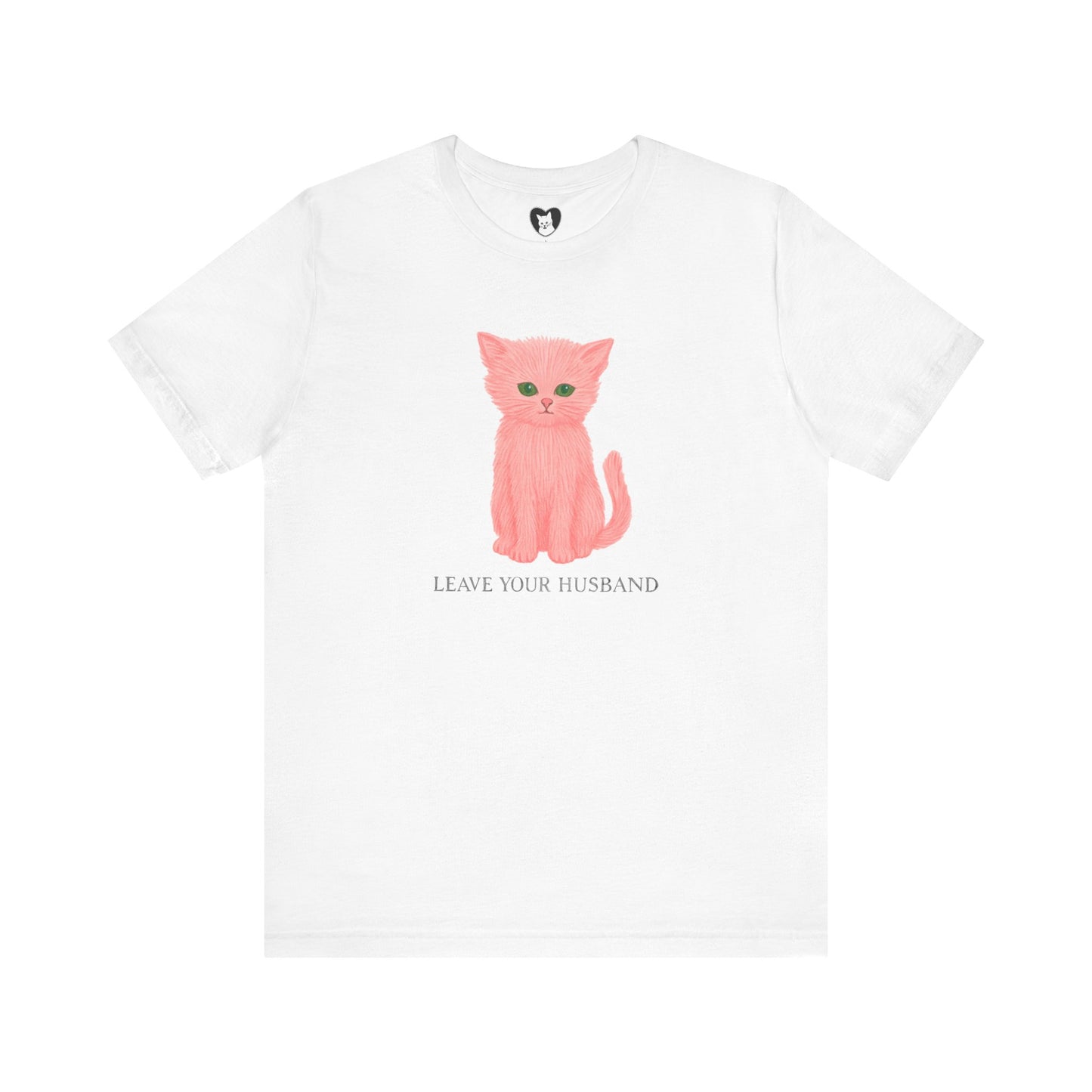 Feminist pink cat tee with “Leave Your Husband” message