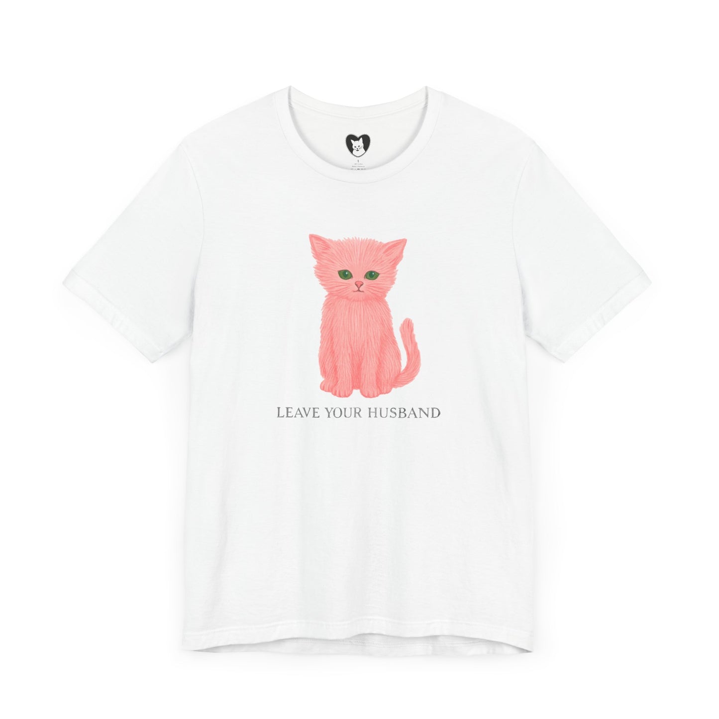 Feminist pink cat tee with “Leave Your Husband”