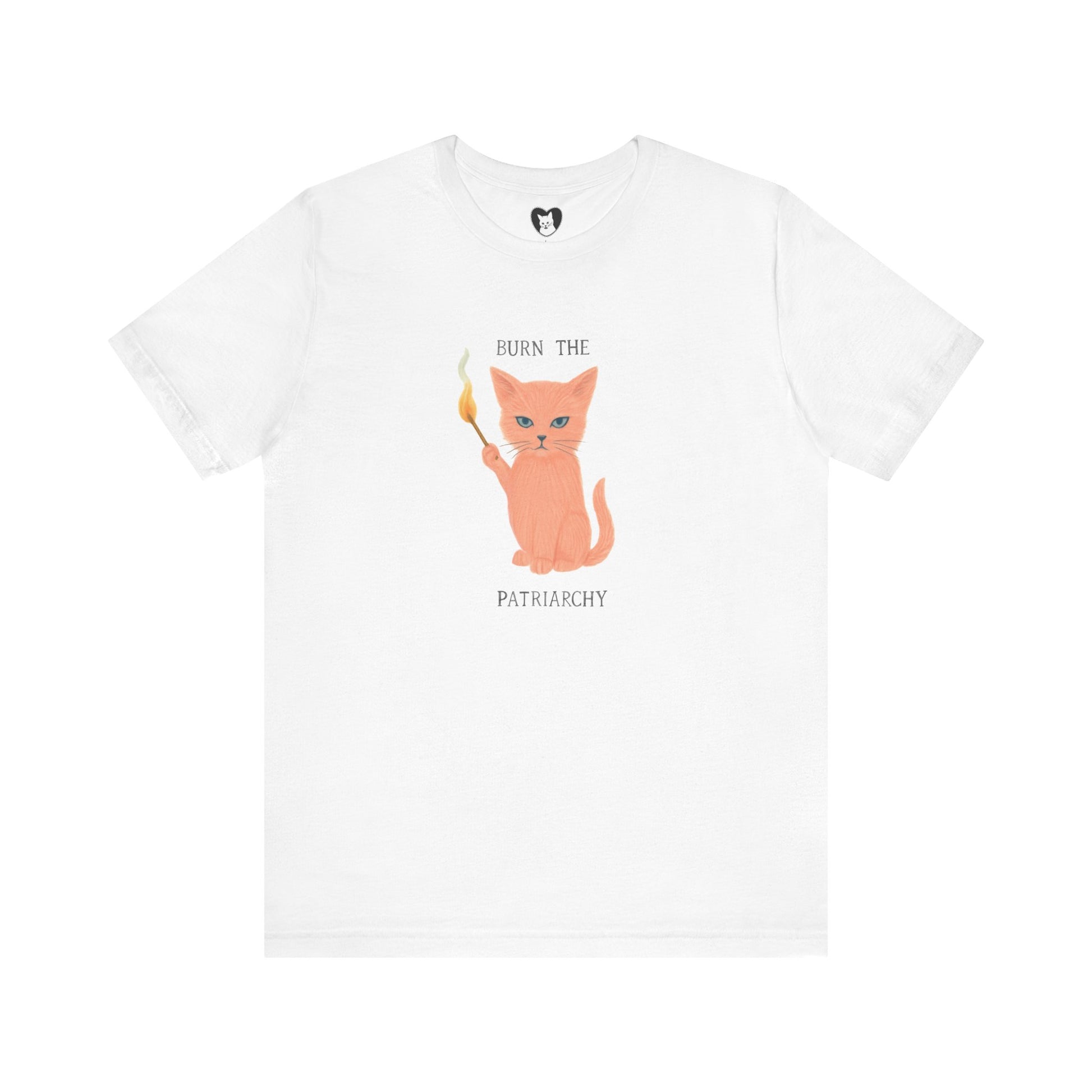 Feminist pink cat T-shirt with “Burn the Patriarchy” slogan