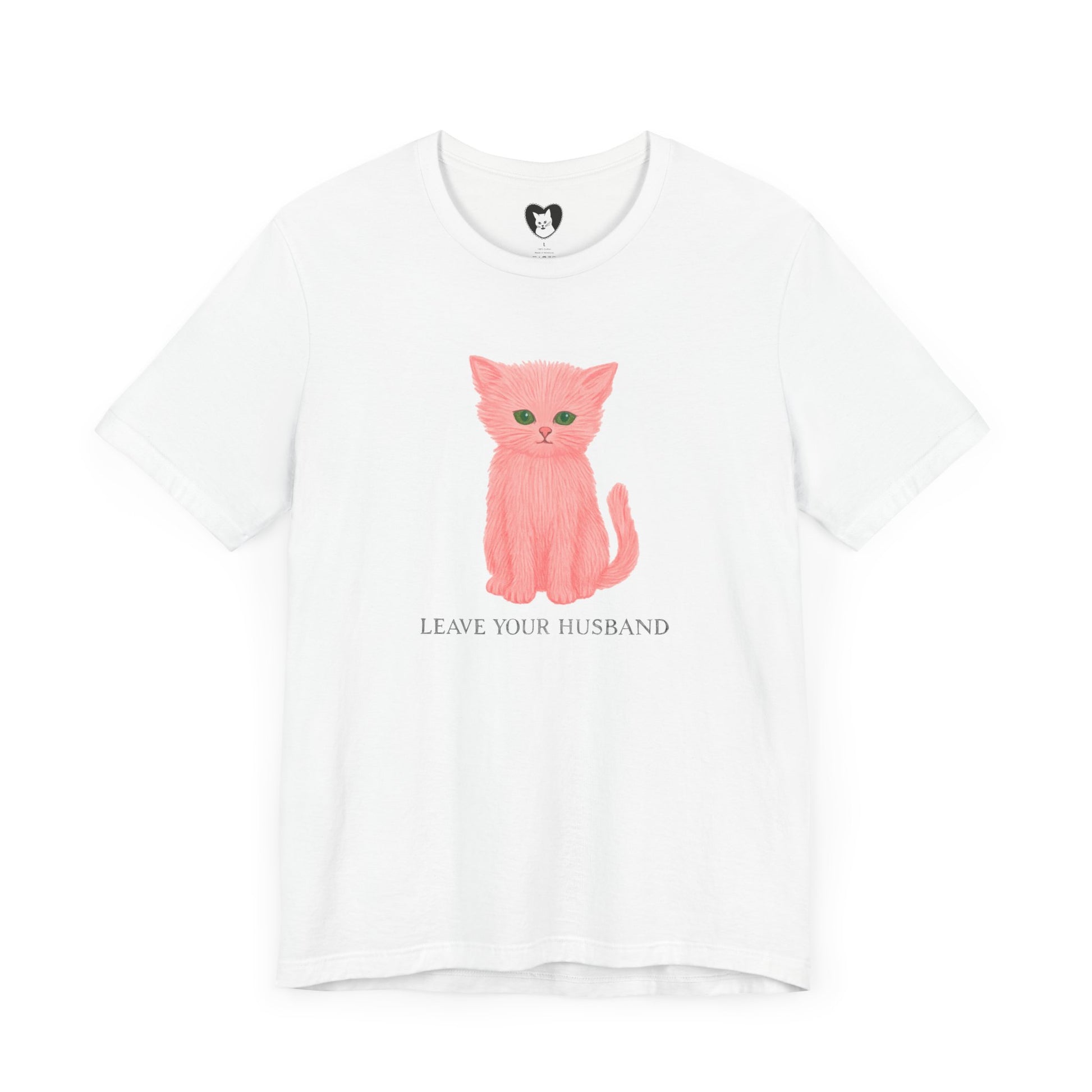 Feminist pink cat tee with “Leave Your Husband” 